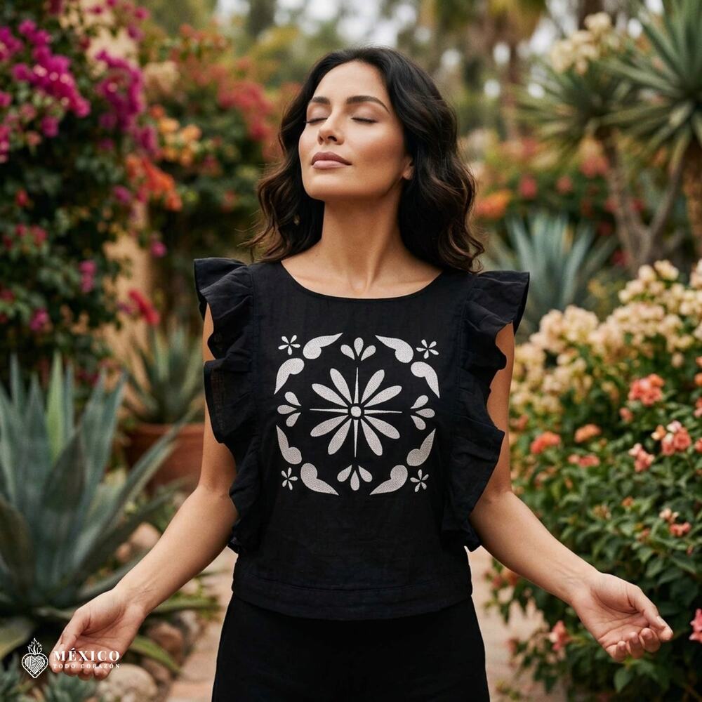 Black Mexican Cotton Blouse – Talavera Embroidery, Adjustable Back Ties XS-M